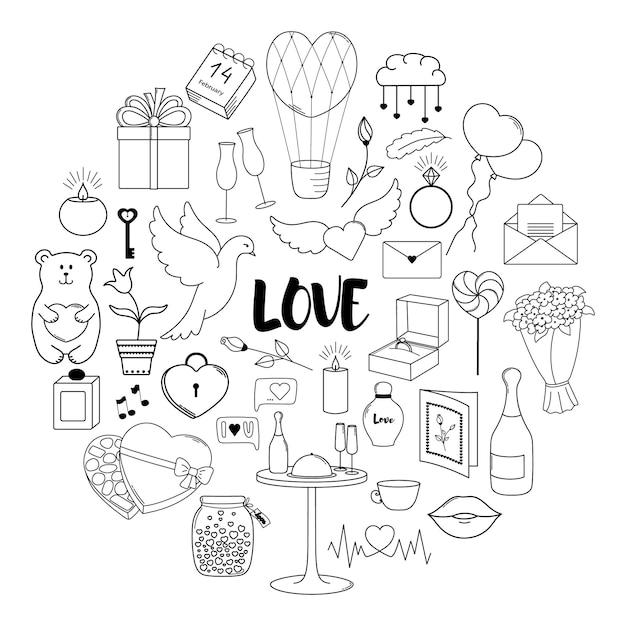 Happy Valentines Day Set of cute hand drawn love elements Round concept