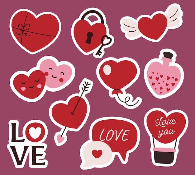 Vector happy valentines day sticker pack with hearts and romantic objects