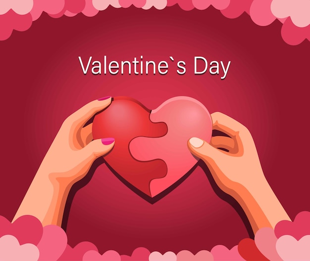 Happy valentines Day template, two hand hold heart, love couple symbol concept in cartoon illustration