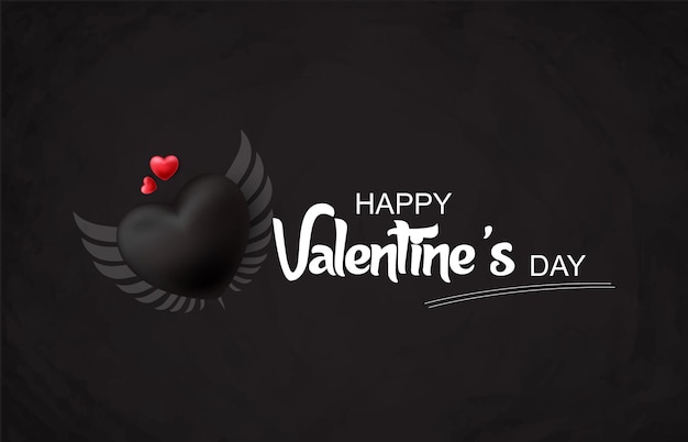 happy valentines day Text with white glitter letters and a Black heart on a black background