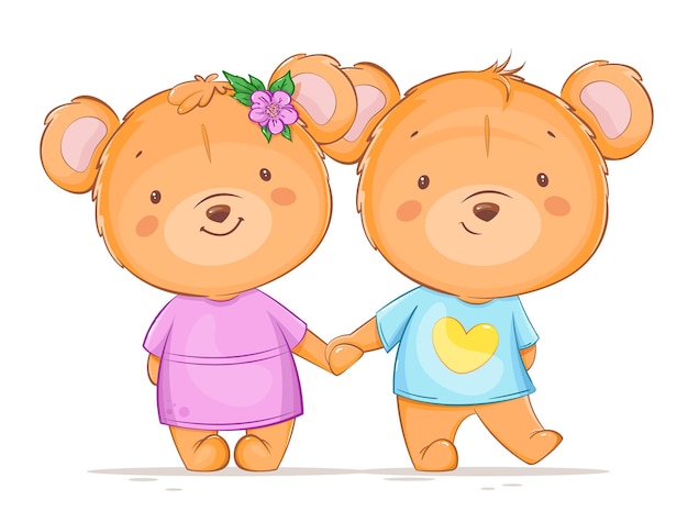 Happy Valentines day two bears holding hands Cute little bears cartoon characters