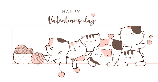 Happy valentines day with cute animal cartoon hand drawn style