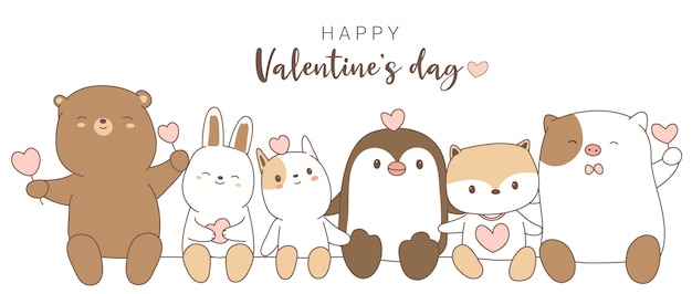 Happy valentines day with cute animal cartoon hand drawn style