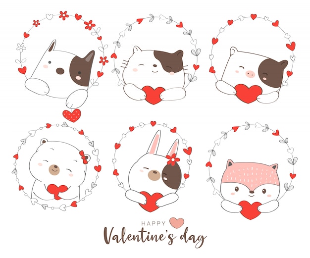 Happy valentines day with cute animal cartoon hand drawn style