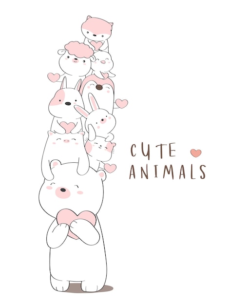 Happy valentines day with cute animal cartoon hand drawn style