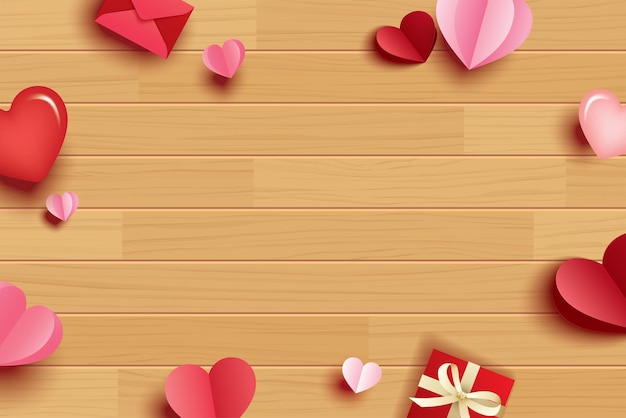 Happy valentines day with paper hearts and copy space on wood background.