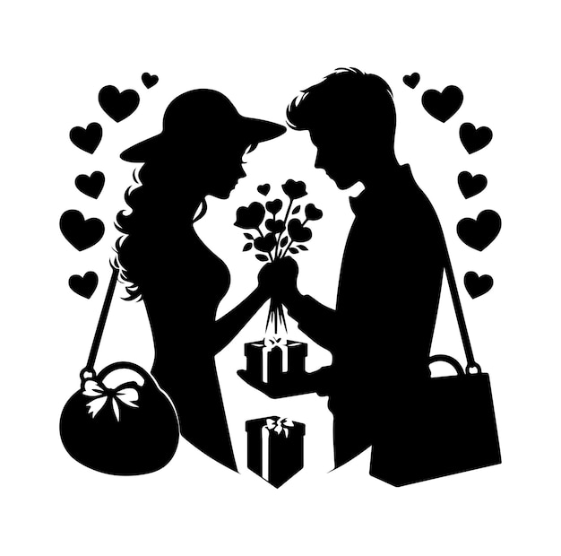 Happy valentines day young man giving silhouettes premium vector template