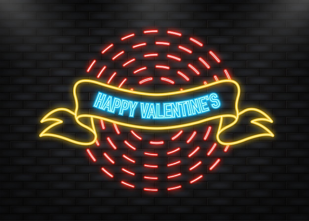 Happy valentines in neon style Heart love vector background Text box Happy