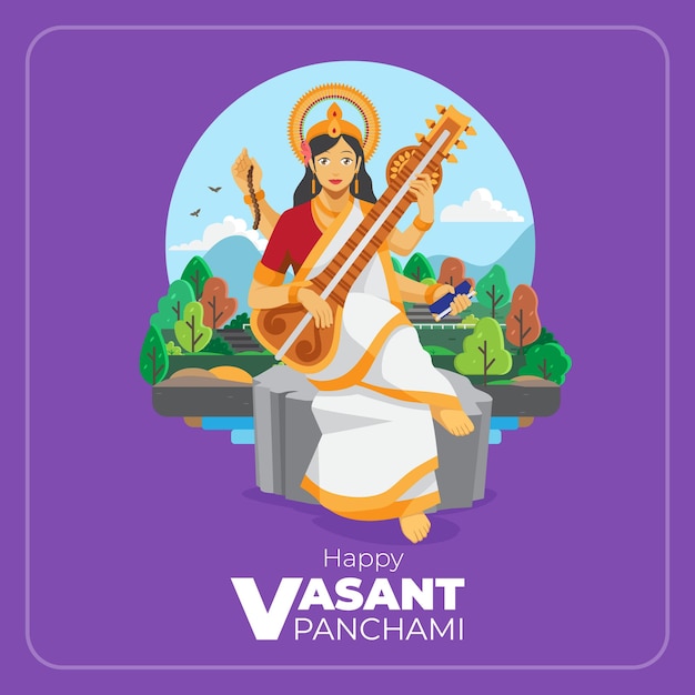 Happy vasant panchami flat illustration greeting card