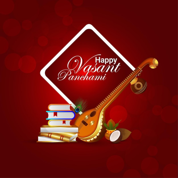 Happy vasant panchami greeting card with musical instrument and books