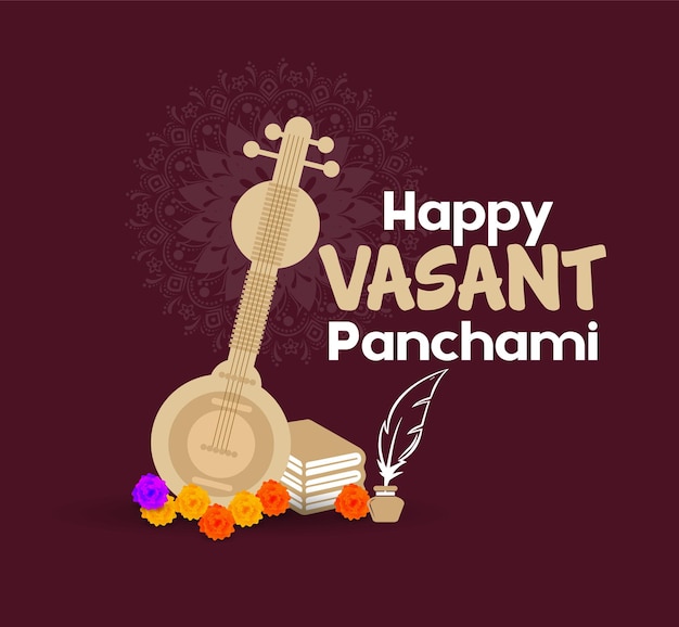 Happy Vasant Panchami illustration of Goddess of Saraswati for Vasant Panchami veena