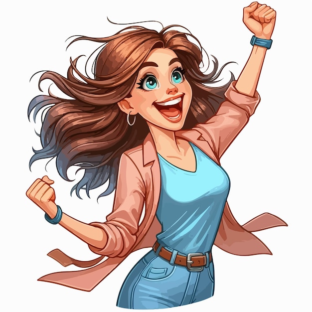 Happy vector vibrant woman cartoon illustration concept of success freedom