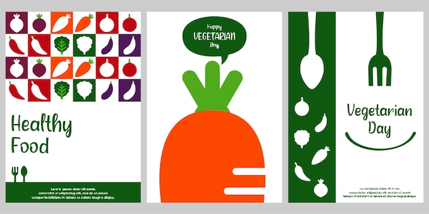 Happy Vegetarian Day Healthy Food Set of 3 simple Background Vector Illustration Flat Style