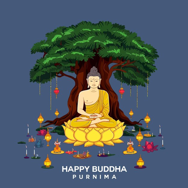 Happy Vesak Day Buddha Purnima wishes greetings with buddha and lotus illustration