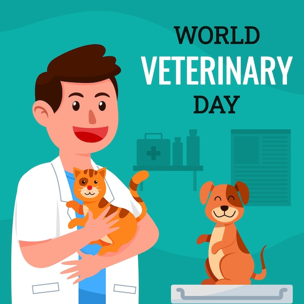 Happy vet celebrating veteranian with healthy cat and dog