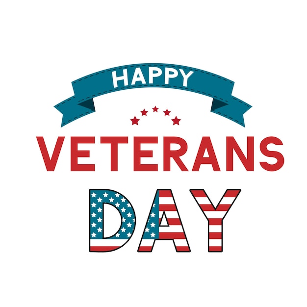 Happy Veterans Day calligraphy hand lettering with ribbon isolated on white American holiday typography poster Easy to edit vector template for banner flyer tshirt greeting card postcard