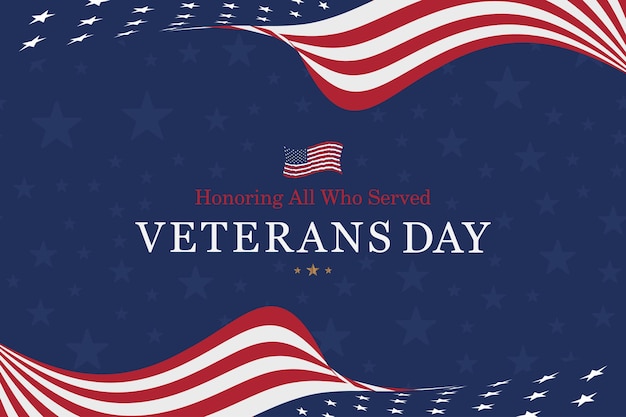 Happy Veterans Day. Greeting card with USA flag on blue background. National American holiday event. Flat vector illustration EPS10.