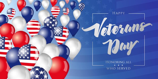 Happy Veterans Day USA greeting card concept. Celebrating November 11 3D balloons flying in the sky.