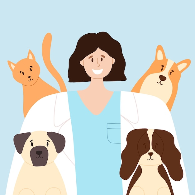 Happy veterinarian with happy cat and dogs Animal care vector illustration Flat style Girl veterinary doctorBanner to World Veterinary Day