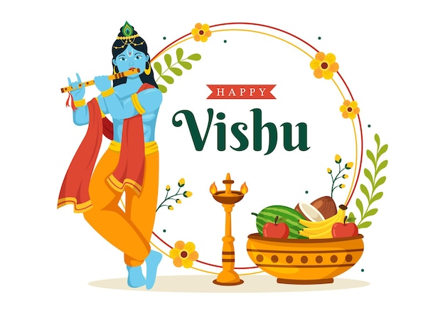 Happy Vishu Festival Illustration with Fruits and Vegetables in Flat Cartoon Hand Drawn Templates