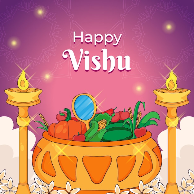 Happy vishu poster with a pot full of vegetables and a candle.