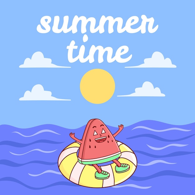 Vector happy watermelon character swimming on the beach with an inflatable circle social media post