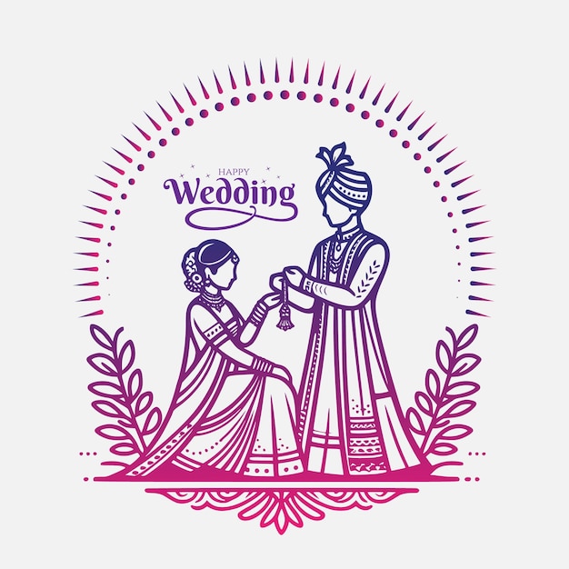 happy wedding calligraphy with bride and groom getting married