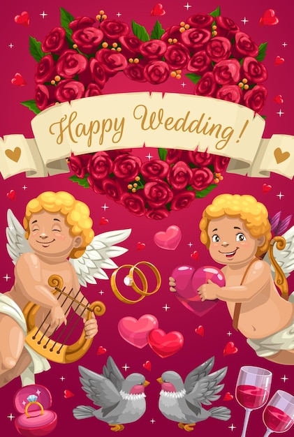 Happy wedding party wedding rings and cupid angels