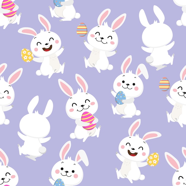 Happy white bunny and Easter eggs seamless pattern