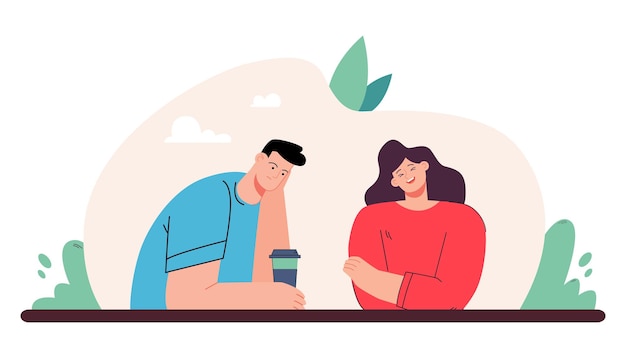 Happy woman and aloof man sitting at table together. Girl talking to distant partner, person ignoring lover, showing indifference flat vector illustration. Relationship, family, communication concept