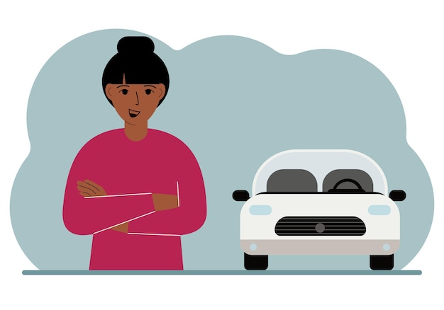 Happy woman next to a beautiful white car Vector flat illustration