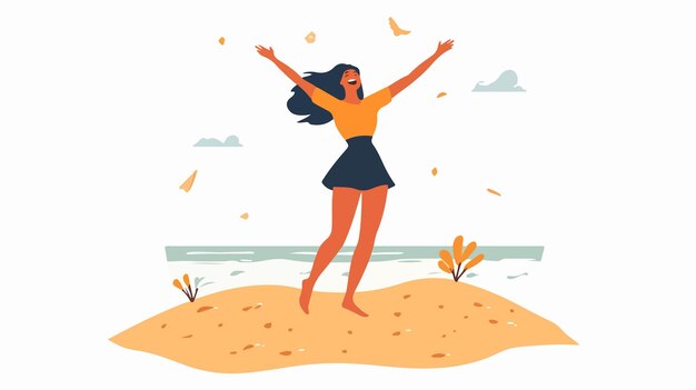 Vector happy woman celebrating on sandy beach