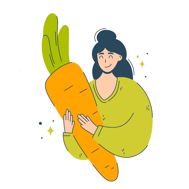 A happy woman chooses veganism and vegetables Vegetarian diet concept girl hugging carrot