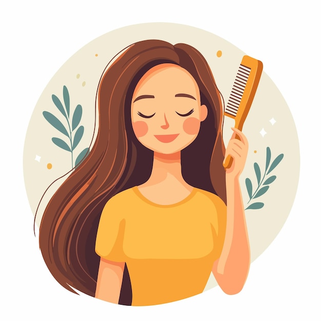 Vector happy woman combing and caring for long hair