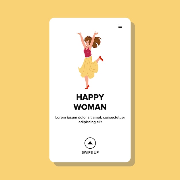 Happy Woman Dancing On Celebrating Party Vector. Young Happy Woman Dance And Celebrate Holiday Or Achievement. Character Girl With Positive Emotion Jumping Web Flat Cartoon Illustration