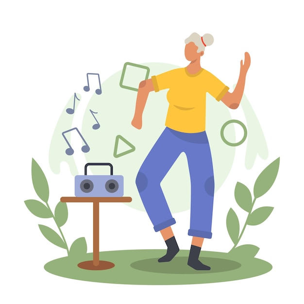 Vector happy woman dancing in park training modern senior people spending time and resting