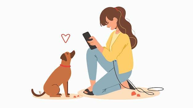 Vector happy woman and dog enjoying digital detox outdoors