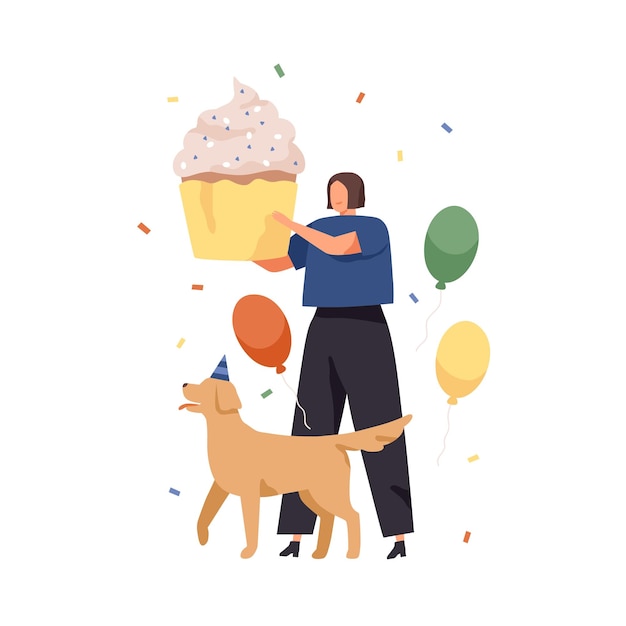 Happy woman and dog with huge cake for birthday party. Person with pet celebrating holiday with big cupcake, balloons and confetti. Colored flat vector illustration isolated on white background.