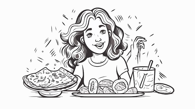 Vector happy woman enjoying a slice of pizza and a serving of french fries