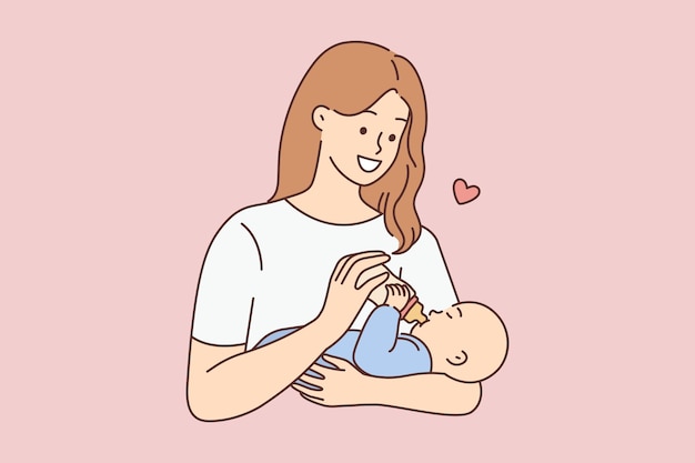 Happy woman feeding infant