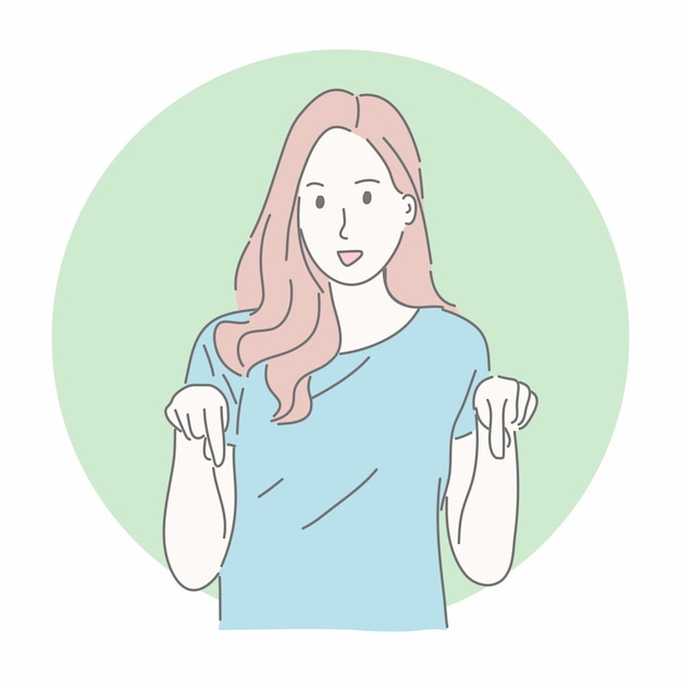 Happy woman gesturing with pointing down in hand drawn