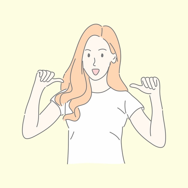 Happy woman gesturing with pointing to her in hand drawn