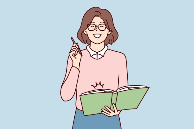 Happy woman in glasses holding large notepad in hands and making note or plan for day Vector image