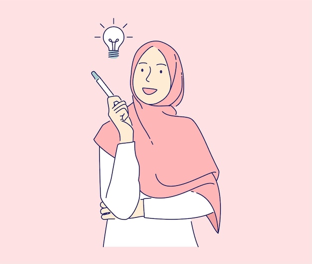 Happy woman have ideas vector illustration concept, muslim girl holding pencil with light bulb hand drawn isolated.