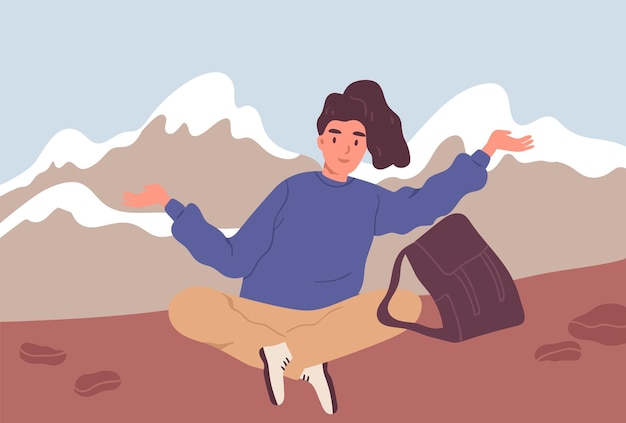 Happy woman or hiker with backpack sitting on the background of the mountain landscape. Traveling and hiking alone. Young female tourist or backpacker enjoying resting. Flat vector illustraton.