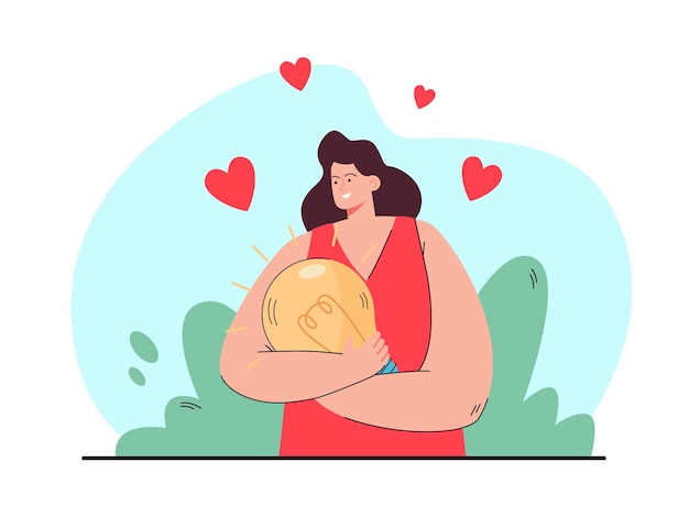 Happy woman holding light bulb with both hands. Flat illustration