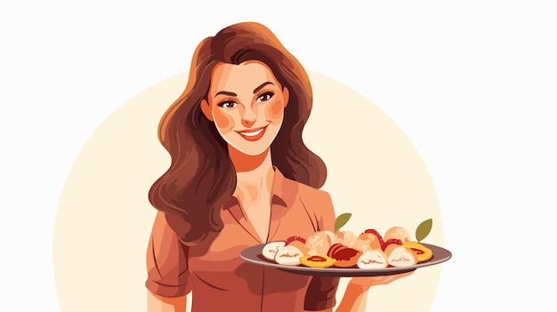 Vector happy woman holding plates of food standing