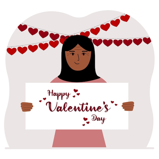 Happy woman holding a poster with text Happy Valentine's Day and red hearts Love concept Happy Valentine's Day wallpaper poster postcard or congratulation