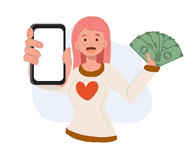 Happy woman Holding Smartphone and Money in Hand to Showing How to Make Money Online