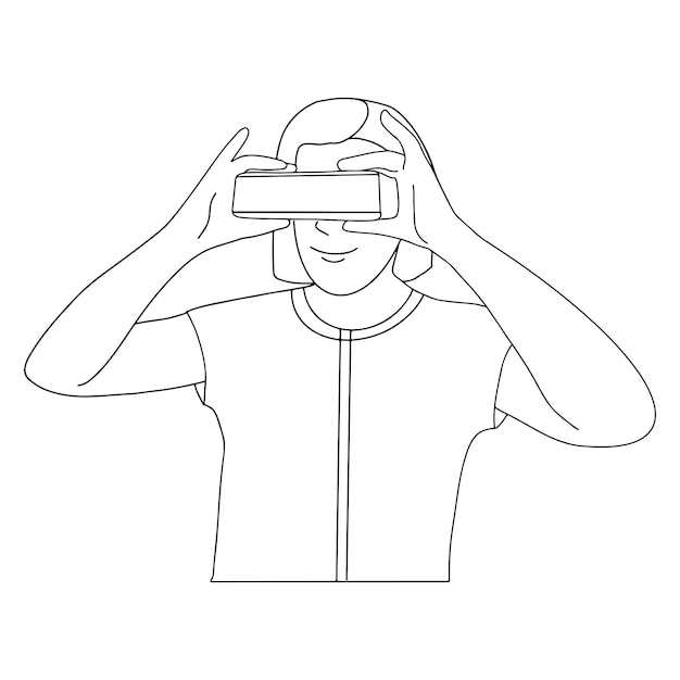 Happy woman holding virtual reality glasses VR technology black and white contour vector